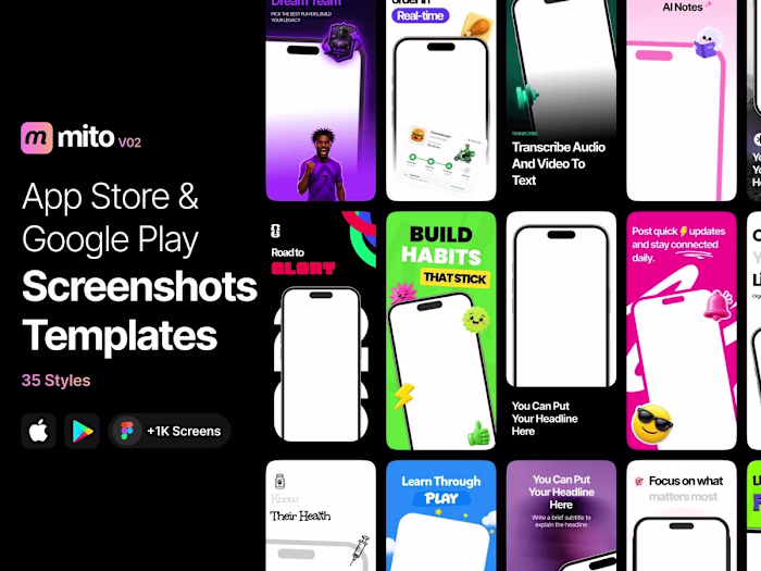 Mito V02: App Store & Google Play Screenshot Templates