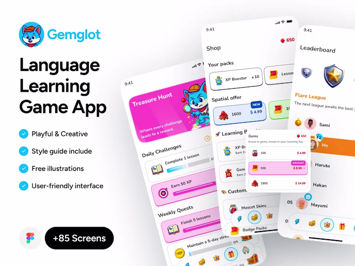 Gemglot: Language Learning Game App UI Kit for Figma