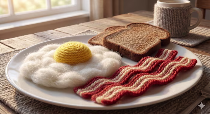 A plate of breakfast food made entirely of wool and yarn. A ...