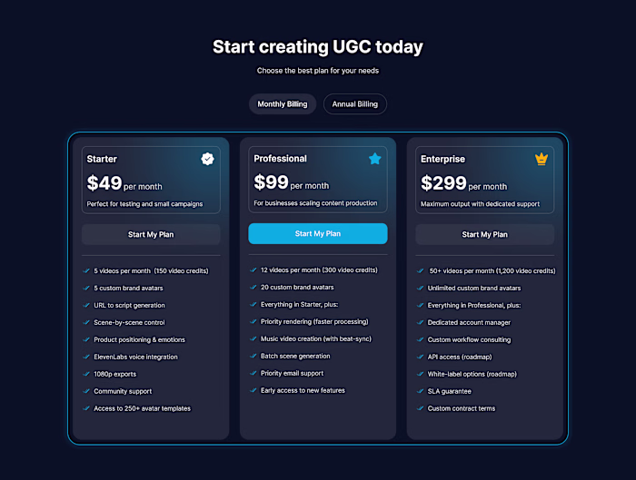 Pricing section design.