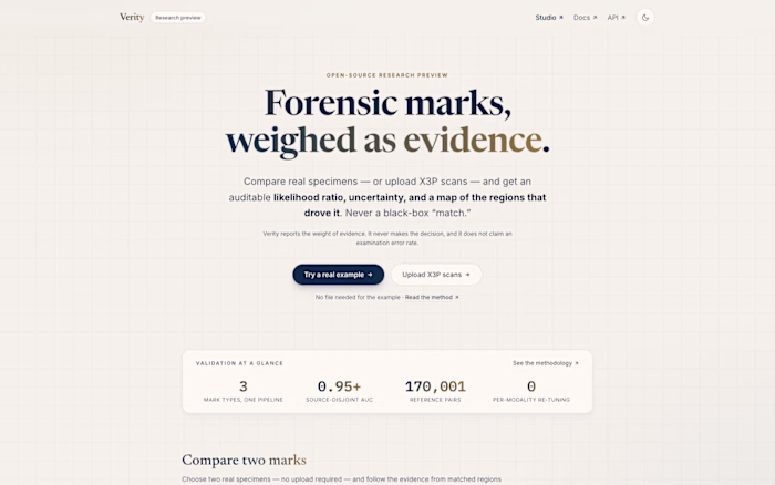 Verity: a calibrated forensic comparison