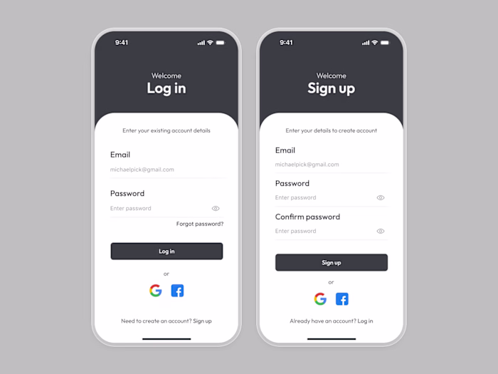 Log in & sign up screen