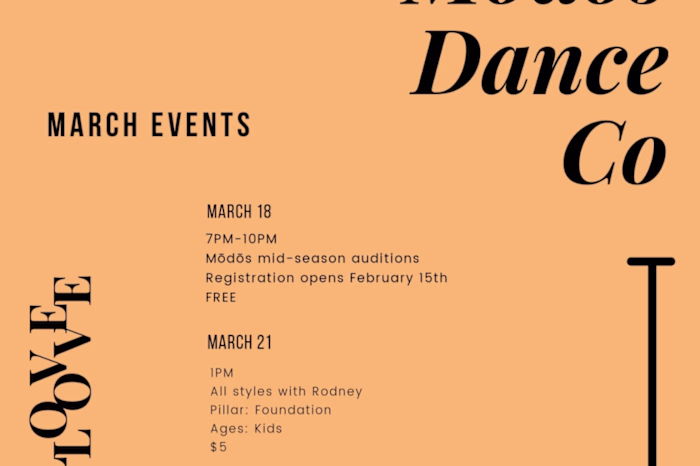 Mōdōs Dance Company March Events Flyer