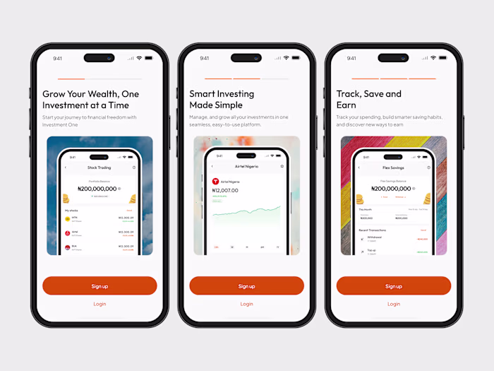 Onboarding screens for a FinTech product.