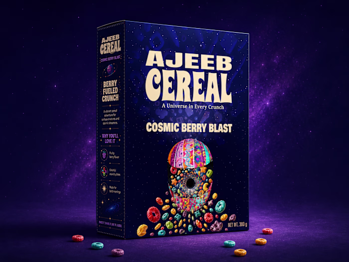 Ajeeb Cereal — Cosmic Berry Blast Packaging🚀