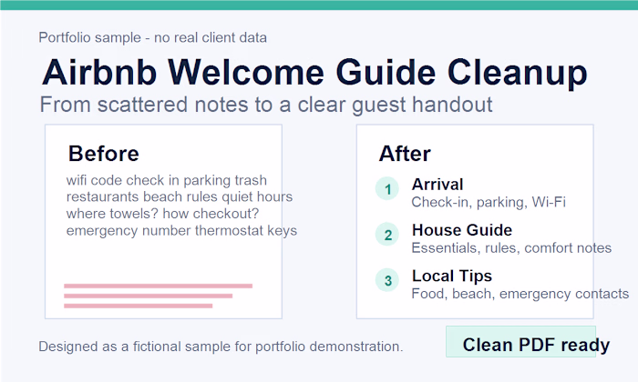 Airbnb Welcome Guide Cleanup
Fictional sample