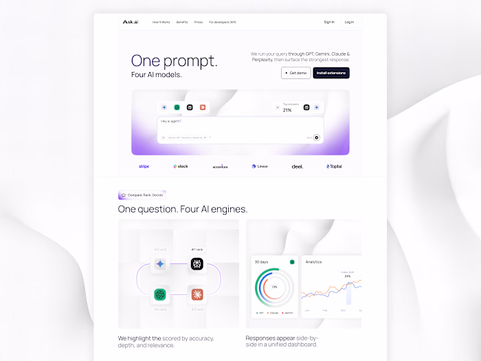Model AI Aggregator Landing, build in Framer and custom UI UX