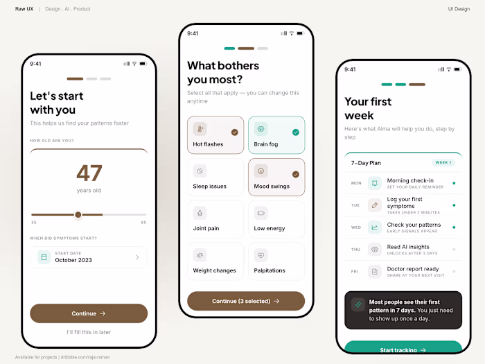 Alma - onboarding flow. 3-step health app setup.