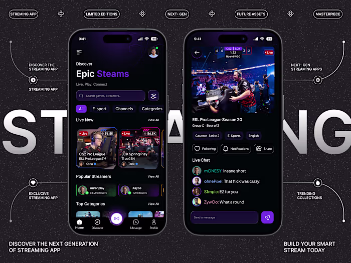 Epic Streams – Game Streaming Mobile App UI