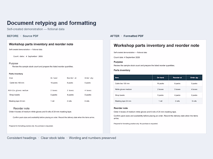 Workshop Inventory Formatting — Fictional Sample