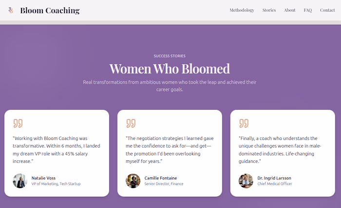 Bloom Coaching is a landing page for career coaching tailore...