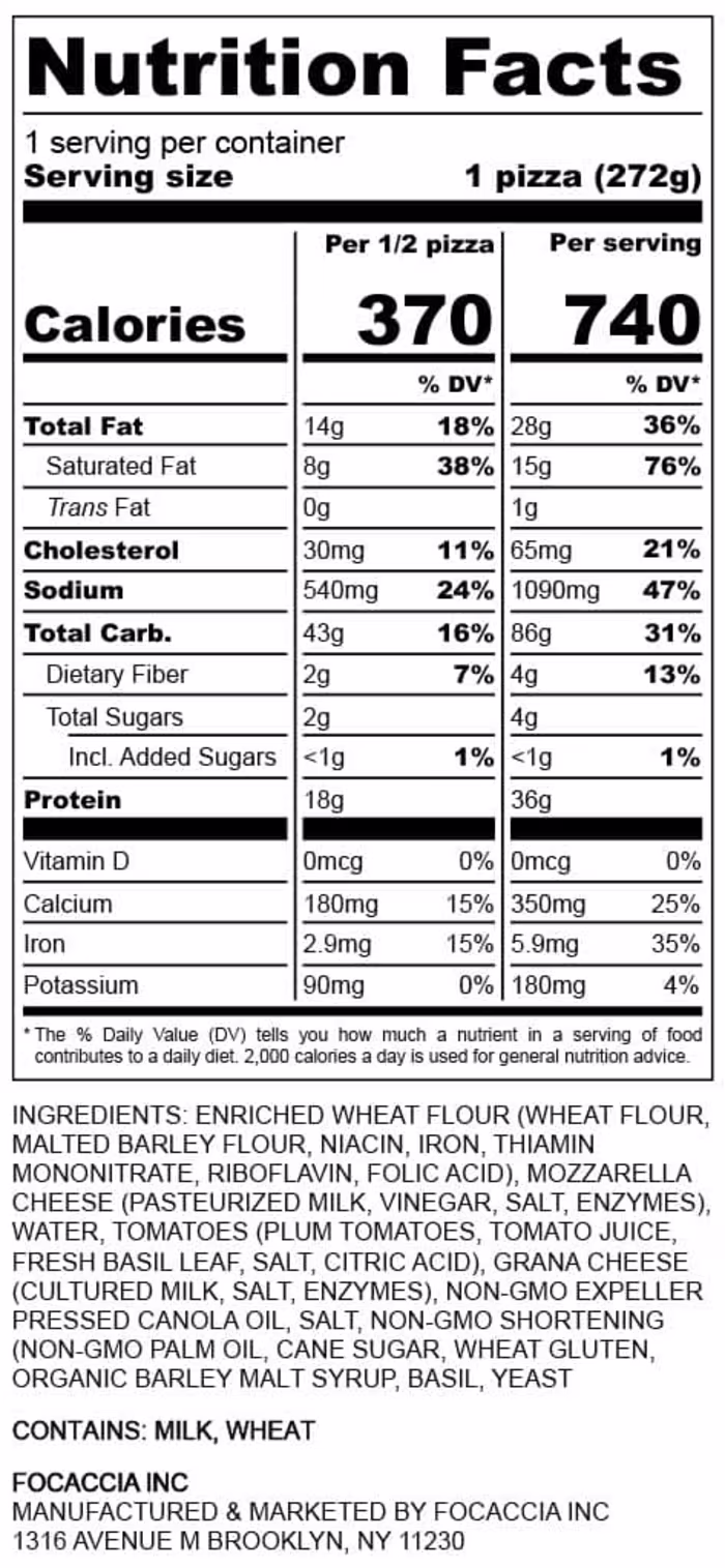 Frozen Pizza - Nutrition Facts Label