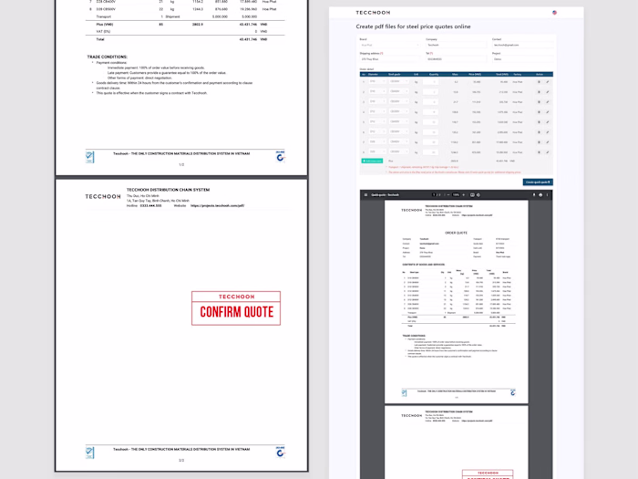 Front-End Development: Create pdf files for steel price quotes