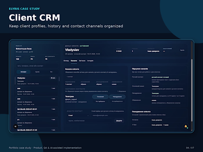 Keep client profiles, booking history and contact channels o...