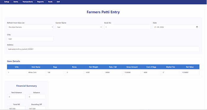 Development of Transaction & Billing Module for Farmers Patti
