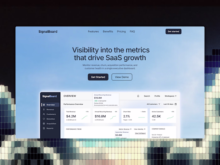 Landing page for an executive SaaS analytics dashboard