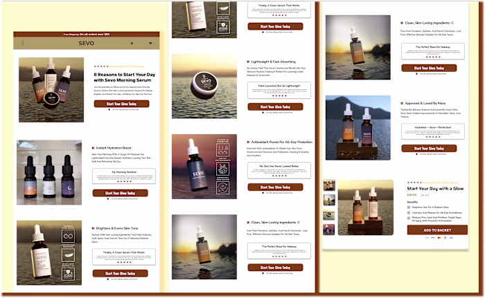 Landing page for Sevo Morning Serum