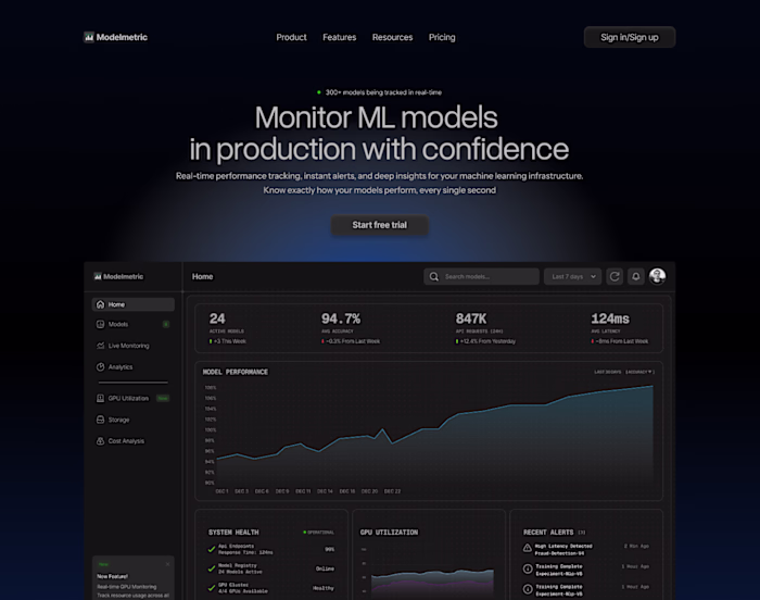 Hero section for a real-time ML monitoring platform.