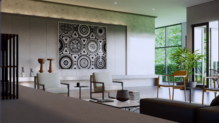 A modern living room with a  touch of traditional elements 