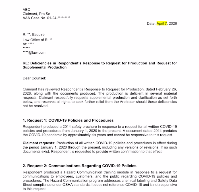 AAA Arbitration — Discovery Deficiency