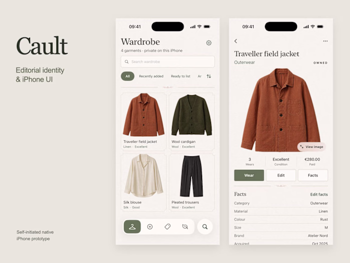 Cault — Editorial identity & iPhone UI