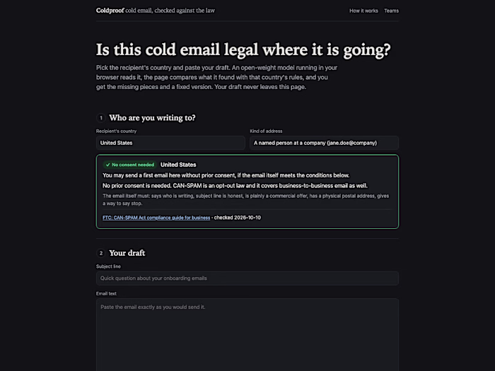Coldproof: is this cold email legal where it is going?