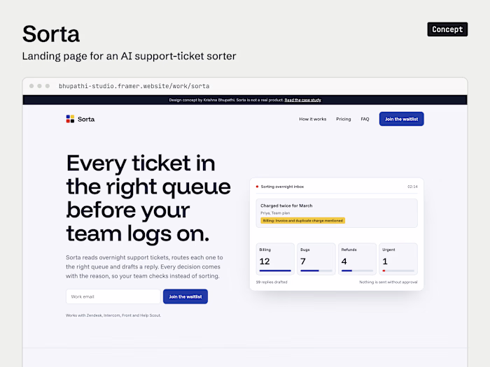 Sorta (concept): Framer landing page for an AI ticket sorter