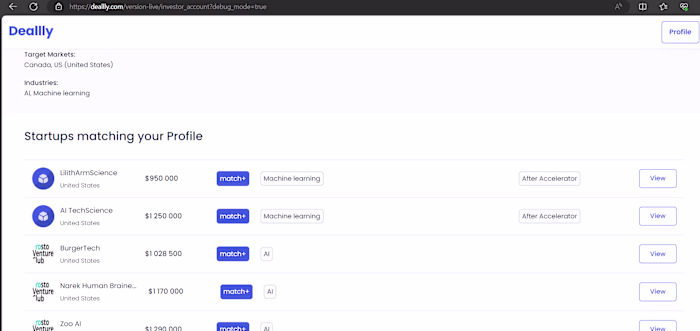 Deallly — Investment Matching Platform (Core Logic Developer)