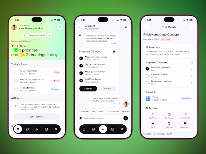 AI planner app concept focused on daily priorities, task man...