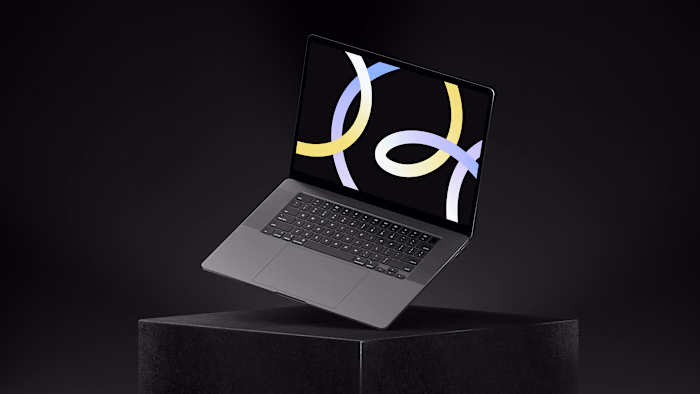 New laptop scene render. Sleek dark setup with soft lighting...