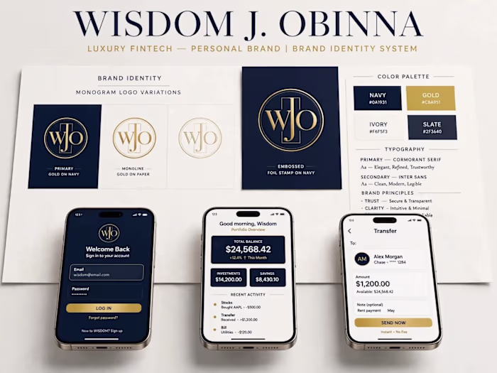 WISDOM J. OBINNA — Luxury FinTech Brand Identity + Mobile Ap...