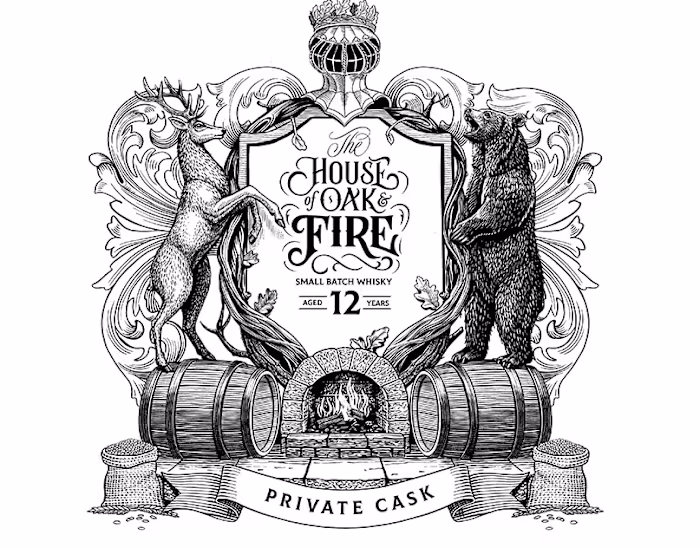 The House of Oak & Fire — Whisky Crest Illustration