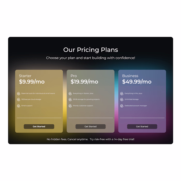 Pricing plan section for SaaS landing page