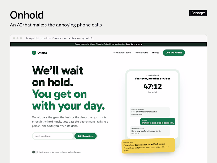 Onhold (concept): Framer page for an AI that makes your calls