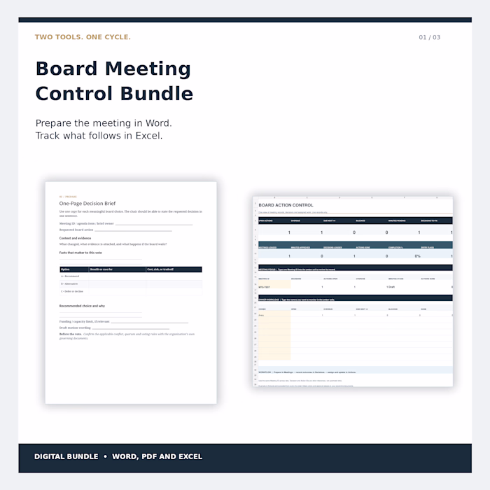 Board Meeting Control Bundle | Word, PDF & Excel Workflow