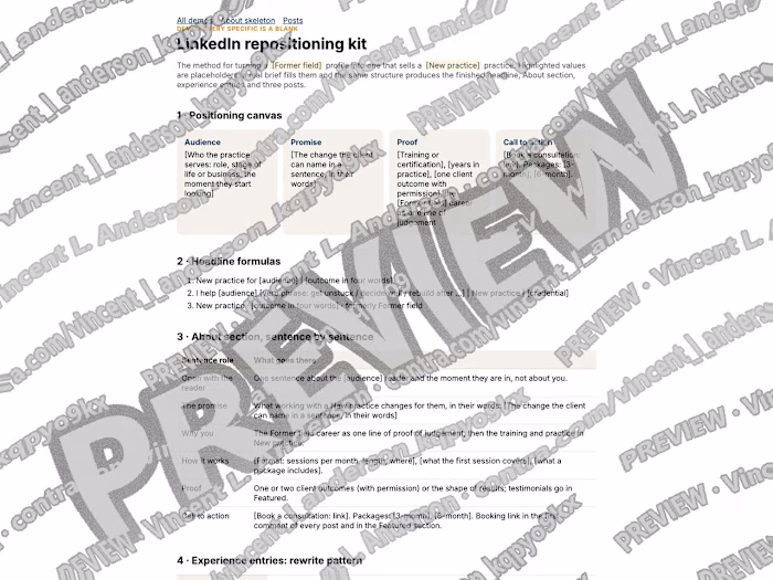 LinkedIn repositioning kit — message architecture to profile