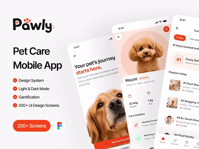 Pawly: Pet Care Mobile App UI Kit for Figma