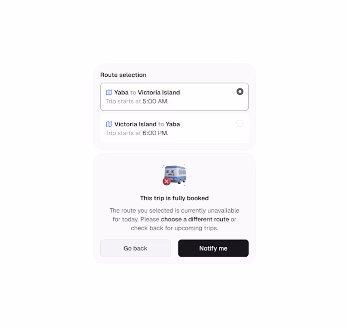 Route selection process showing an empty state when there ar...