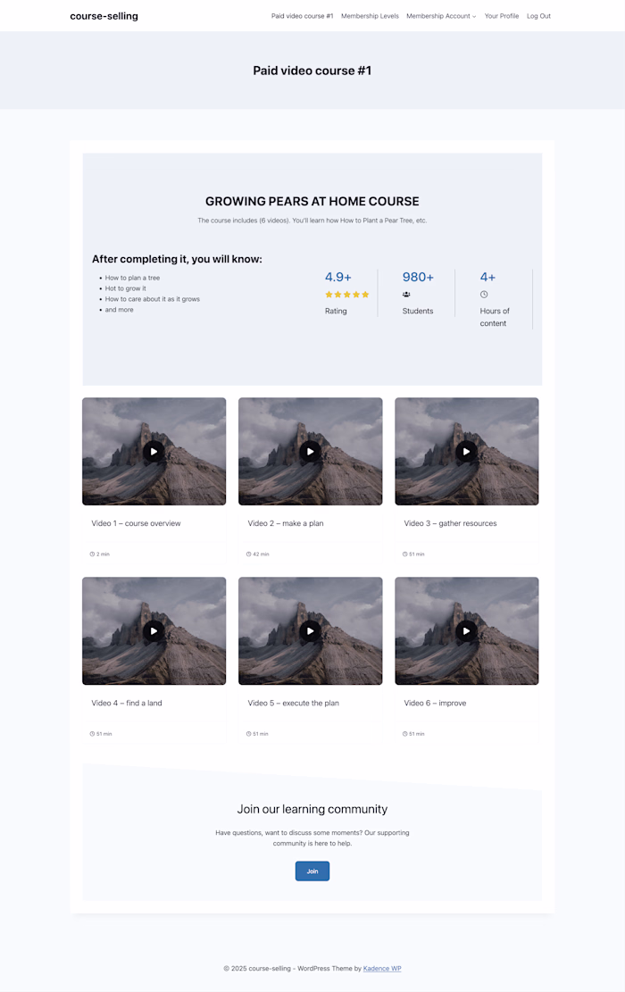 A simple WP website for selling a video course (plugins + code)