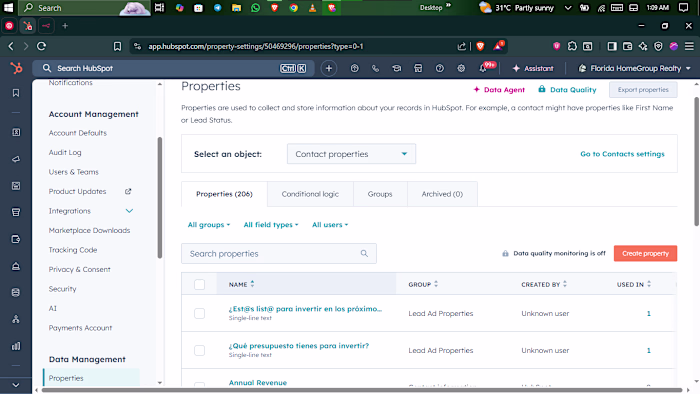 Hubspot Properties setup for real