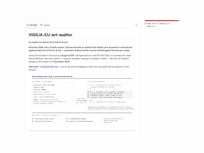 EU AI Act Article 50 auditor — open source, citation-verified