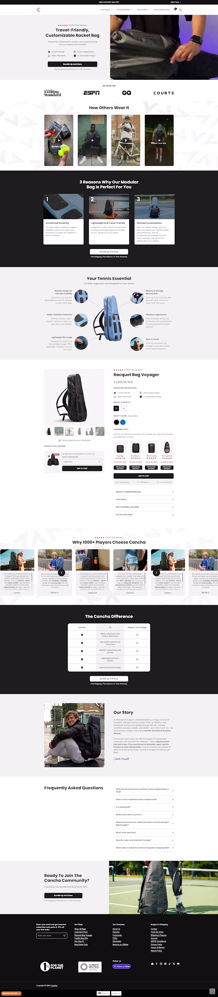 Cancha Bags Landing Page