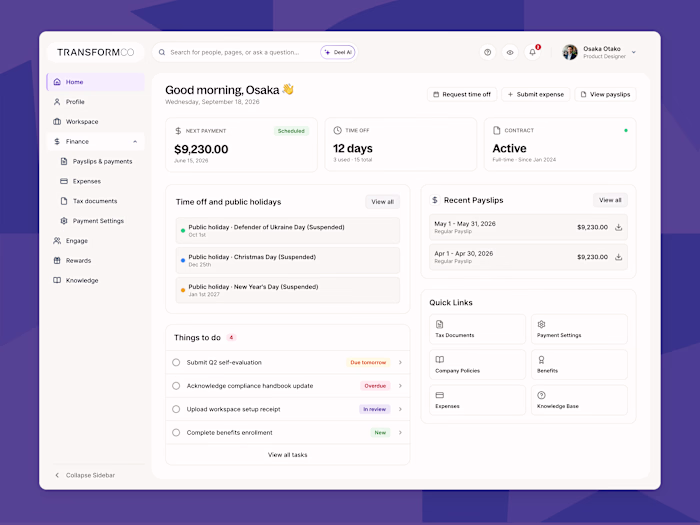 Quick UX Review → Result for @Deel dashboard I took an exist...
