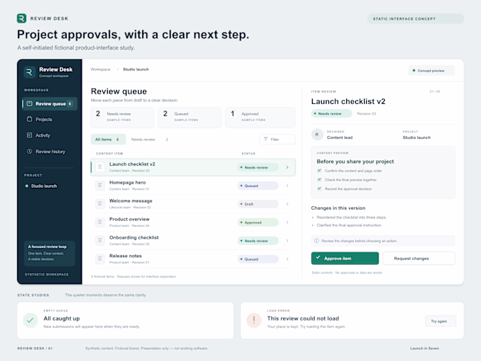 Review Desk — Project Approval Workspace | Fictional Concept