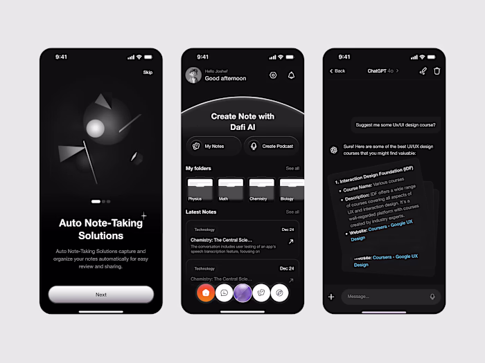 AI Auto Note - Taking App | Dafi AI Mobile UI Design