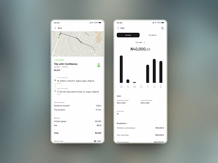 ProTaxi Drivers Trip Tracker and Earnings View