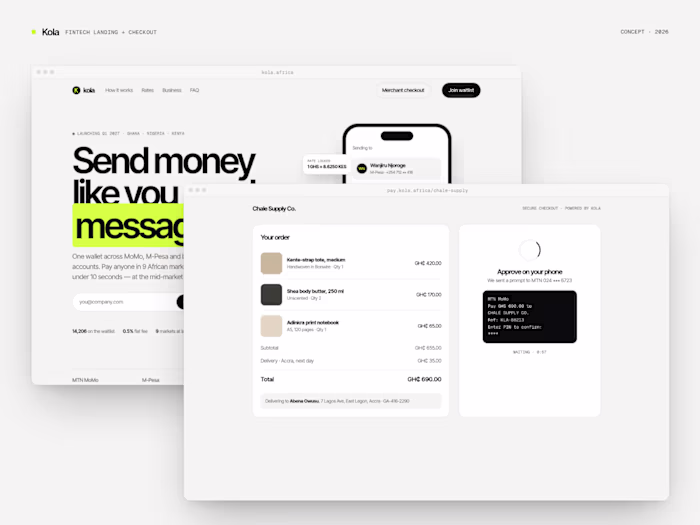 Kola: African Fintech Landing & Checkout (concept)
