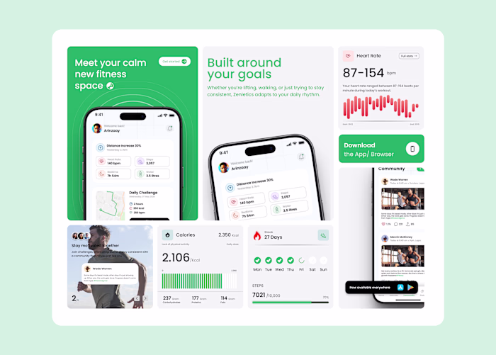 Clean and modern bento-style feature grid for Zenletics. Wha...
