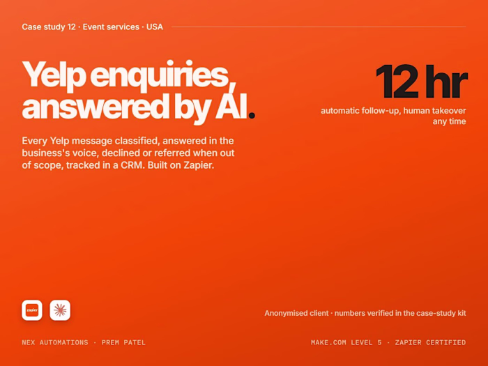 Yelp AI lead agent on Zapier and Claude with human takeover