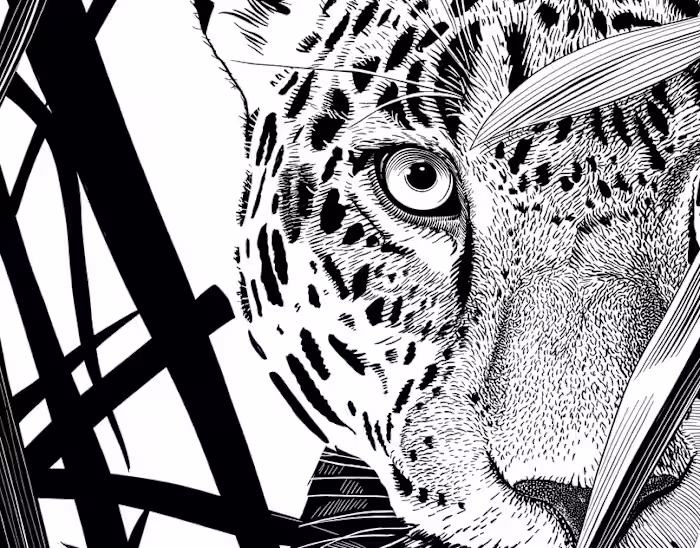 Leopard in Reeds — Black‑and‑White Engraving